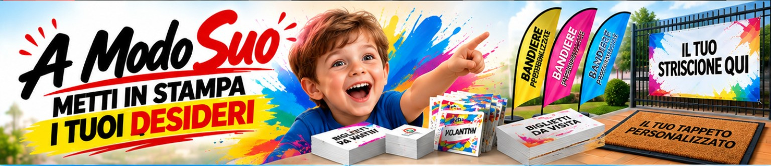 A modo suo: metti in stampa i tuoi desideri, tipografia e stampa digitale personalizzata con bambino sorridente, bandiere e striscioni